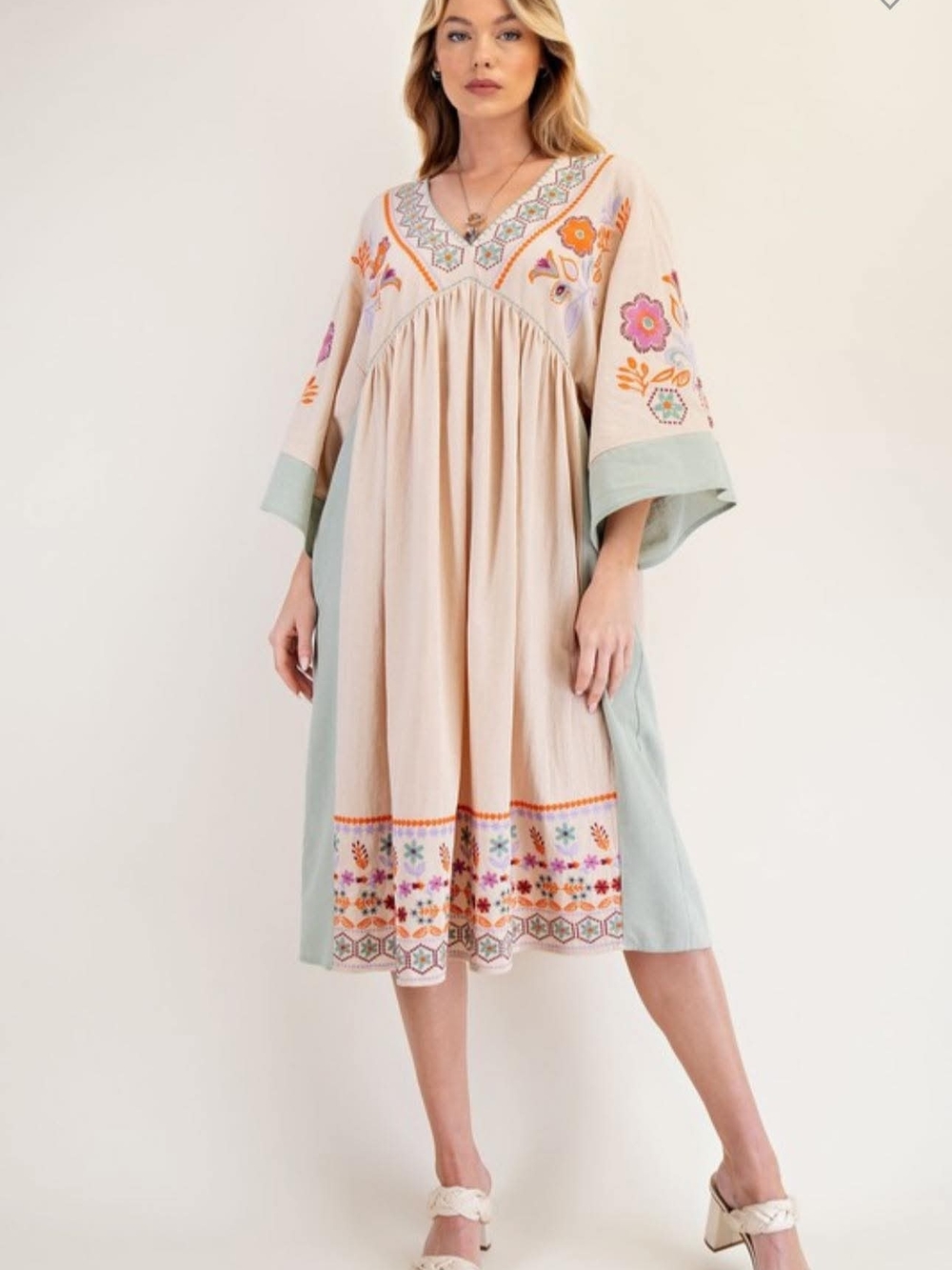 easel Embroidered Cream Midi Dress with Sage Panels